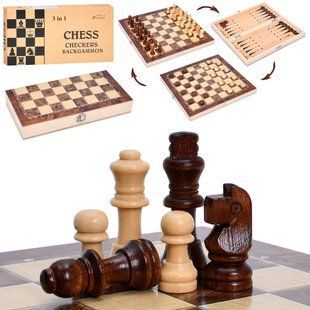 Шахматы деревянные, 3в1 (шашки, нарды), фигуры деревянные, 16-30-5 см