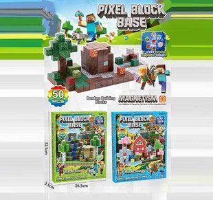 Магнитный конструктор Minecraft, 50 элементов, 2 фигурки героев, длина ребра кубика 2 см, 33*27*4см