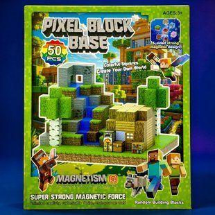 Магнітний конструктор Майнкрафт Minecraft 50 елементів, 2 фігурки героїв, довжина ребра кубика 2 см, 33*27*4 см