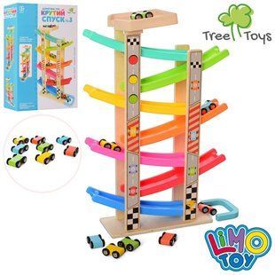 Деревянная игрушка Трек спуск с машинками 8 шт