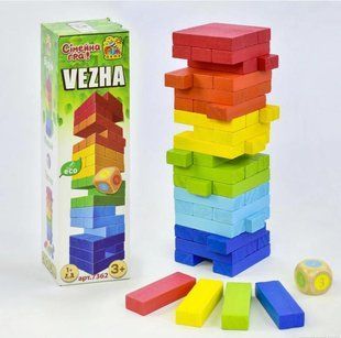 Настольная игра "Дженга - Вежа" цветная + кубик