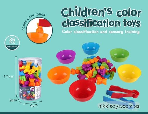Развивающая детская игра - сортировка Монтессори по цветам с пинцетом и тарелочками